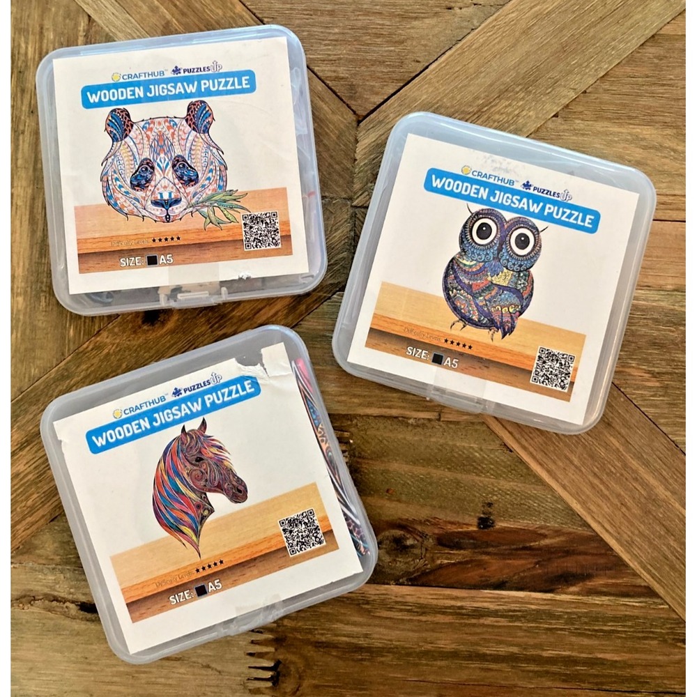 Set/3 Craft Hub Wooden Jigsaw Puzzle Unique Laser New Panda Owl Horse Animals